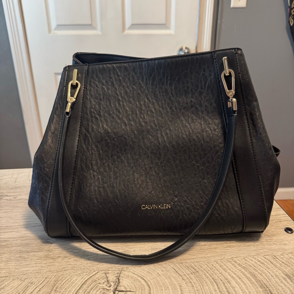Calvin Klein Black Leather Shoulder Bag with Gold Hardware